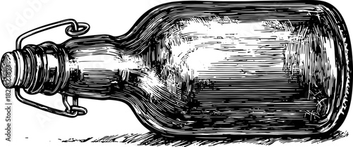 Vintage bottle outline drawing in black and white. Detailed vector illustration of a classic glass container in retro style.