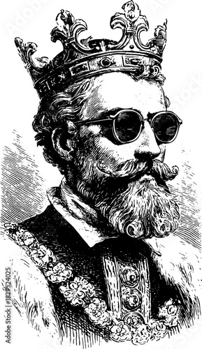 Vintage king portrait with sunglasses and a crown. Detailed vector illustration of a regal male figure featuring a prominent beard and mustache.