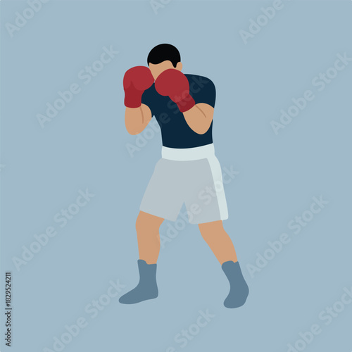 Digital art depicting a boxer with red gloves in a defensive stance wearing a dark shirt, light shorts, and dark shoes against a blue background.