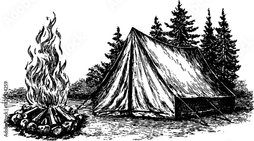 Campfire and tent illustration in vintage engraving style. Black and white outline drawing set in a woodland scene, showcasing outdoor camping elements.