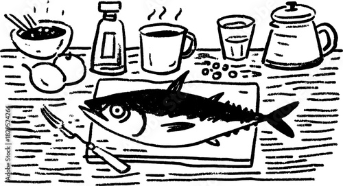 Fish preparation scene in a kitchen set. The vector illustration features ingredients and utensils for meal preparation.