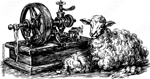 Illustration of a sheep next to a vintage wheel machine. Black and white outline vector engraving showing traditional textile production equipment.