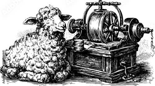 Illustration of a sheep beside a vintage machine in black and white outline. Detailed vector design presenting a farming technique set.