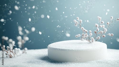 Christmas tree with white snowdrift,snowflakes,snow land,podium with bauble,Christmas theme stage podium mock up for product placement,Happy New Year. Celebrate party,Xmas Poster,web banner,festive.