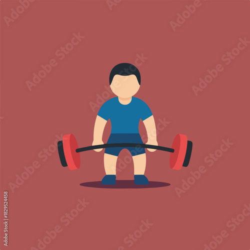 A cartoonish illustration of a man in a blue shirt and shorts standing with a barbell in front of him on a dark red background.