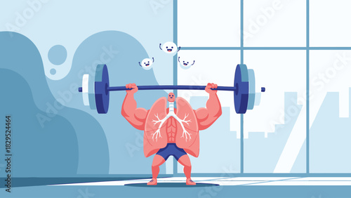 Cartoon muscular lungs character lifting barbell in modern gym interior.