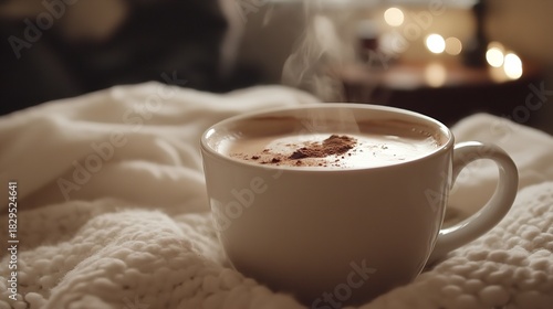 Cozy hot chocolate mug on blanket winter beverage drink christmas holiday relaxation warm comfort home scene
