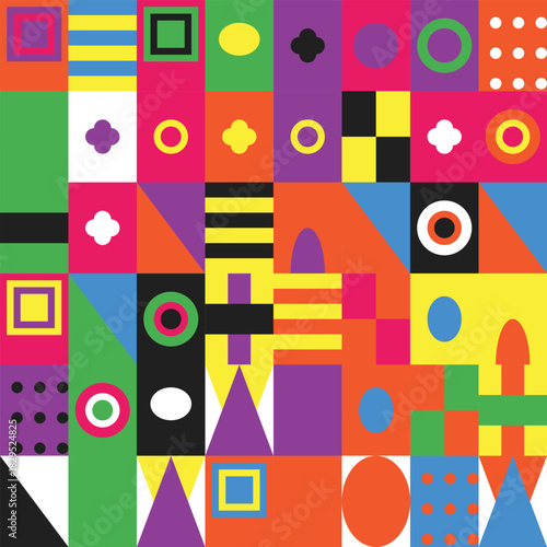 Vibrant geometric collage composition with colorful shapes and forms creating a visually engaging abstract mosaic pattern ideal for modern backgrounds and designs