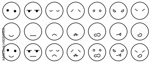 手書きの喜怒哀楽いろんな感情アイコン　黒線　笑顔・じと目・寂しい・ショック・驚き・びっくり・怒るなど