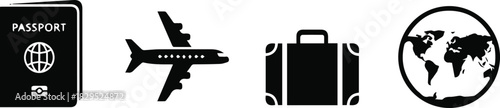A collection of travel-related icons including a passport, airplane, suitcase, and world globe, representing international journeys and global exploration.