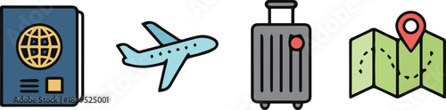 A collection of travel-related icons featuring a passport, airplane, suitcase, and map with a location pin, representing global journeys and holidays.