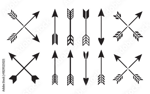 Set of various black tribal arrow and cross arrow icons