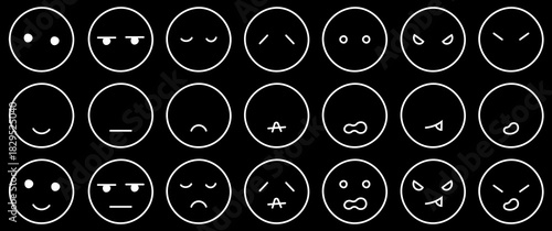 手書きの喜怒哀楽いろんな感情アイコン　白線　笑顔・じと目・寂しい・ショック・驚き・びっくり・怒るなど