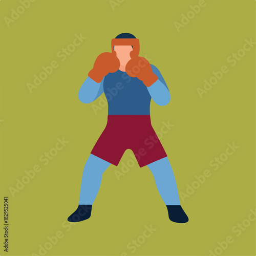 A minimalist, flat vector illustration of a boxer in action, wearing protective gear and boxing gloves, set against a solid, muted green background.
