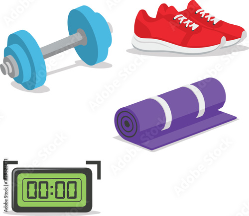 A collection of fitness and exercise equipment including a dumbbell, running shoes, a yoga mat, and a digital timer, all set against a white background.
