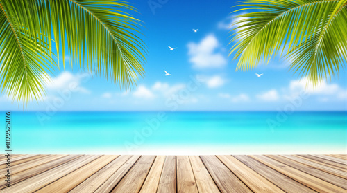 Wallpaper Mural Beautiful tropical seascape with wooden floor and blue water Torontodigital.ca