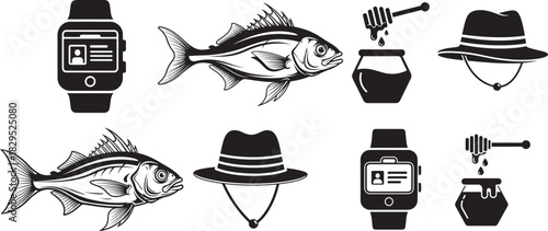 Collection of diverse icons fish honey face and smart identity elements