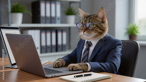 Cat dressed in a suit working diligently at a modern office desk with a laptop and notepad during daytime Generative AI