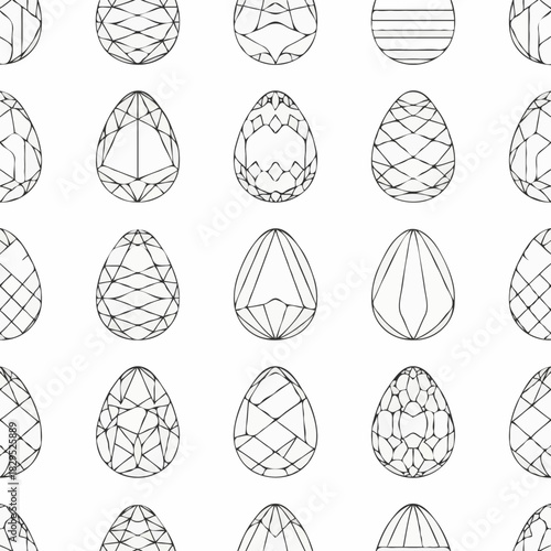 Geometric patterned eggs in black line on white background  