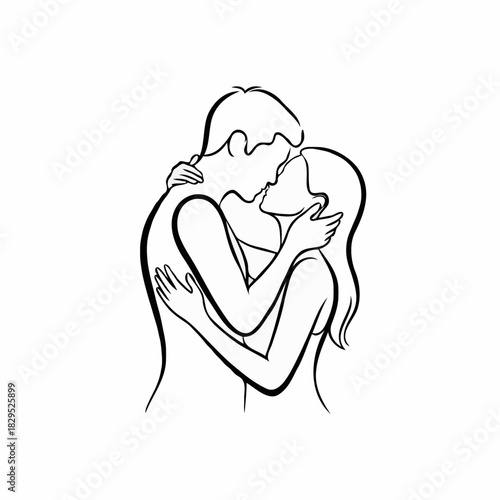 Couple embracing and kissing in a minimal line art style  