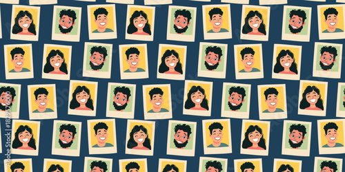 seamless pattern with photo portraits of happy young people