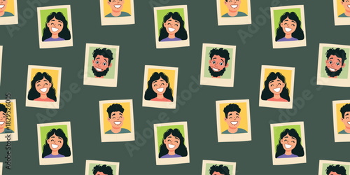 repeating seamless design featuring smiling young photo portraits
