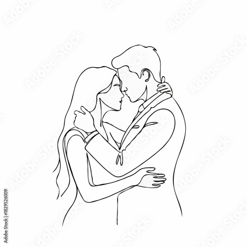 Couples embracing in a simple line art illustration  