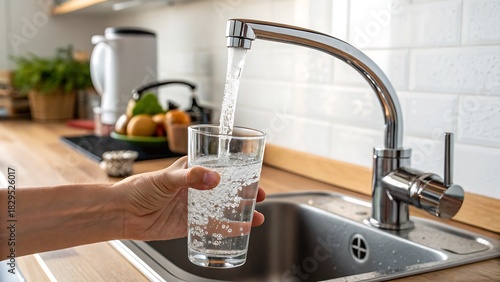 Person filling a glass with fresh tap water from kitchen faucet