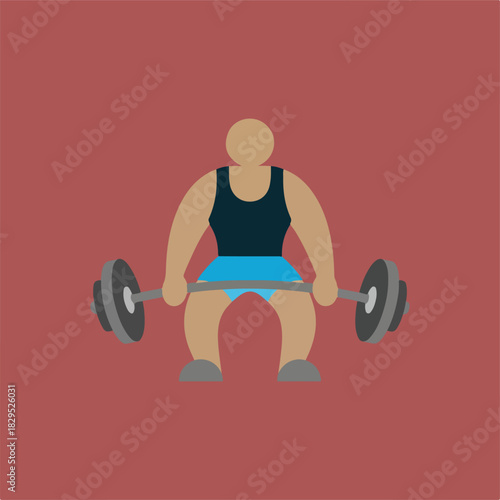 A cartoon-style depiction shows a weightlifter in a dark tank top and blue shorts lifting a barbell, set against a light reddish-brown background.