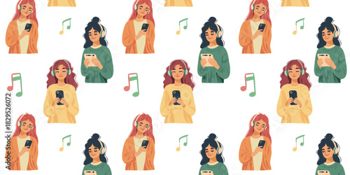 seamless design with teenage characters using headphones and phones