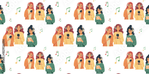 seamless pattern with teens wearing headphones and smartphones