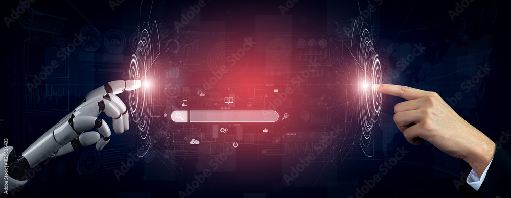 Obraz premium AI assisting search engine interface to find digital information, enhance SEO visibility, monitor insights, and support data access with intelligent online tools. Vouch