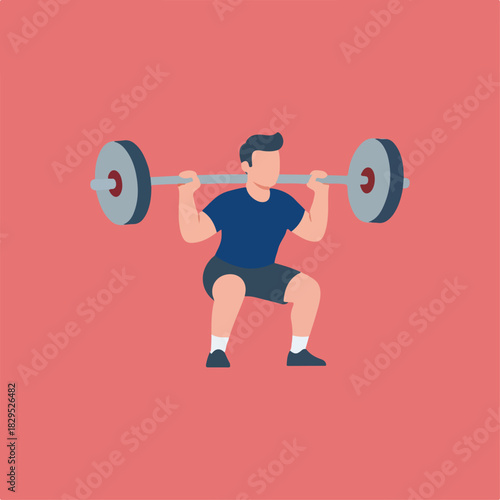 An illustration of a squat with a barbell, showing a person doing a squat with a barbell across their shoulders, on a pink background.
