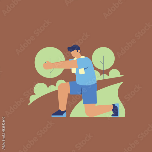A cartoon illustration shows a man kneeling outside stretching in front of trees, wearing exercise clothes and a towel.