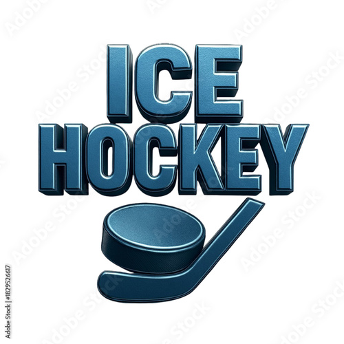 Ice Hockey 3D Text Logo with Puck and Stick on Black Background