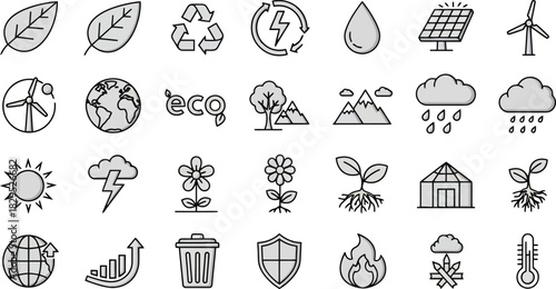 Collection of eco-friendly and sustainable energy icons representing environmental conservation.