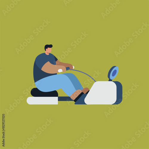 An illustration of a person in blue athletic wear using a rowing machine on a yellow-green background.