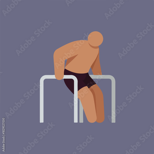 A simplified, flat illustration showcases a person performing dips on parallel bars against a muted purple background, rendered in a minimalist, geometric style.