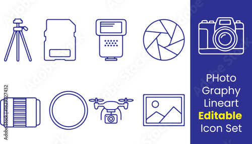 Photography line icons, camera, lens, tripod, memory card, flash light, shutter symbol, filter ring, drone camera, photo frame, thin outline