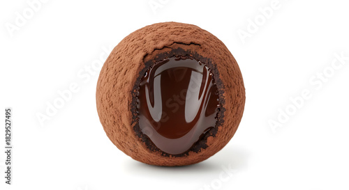 Delicious dark chocolate truffle dusted with cocoa powder, cut open to show molten filling, isolated on white background