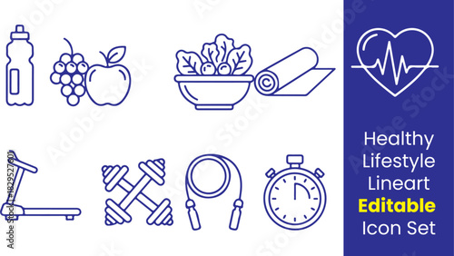 Healthy lifestyle line icons, water bottle, heart beat, treadmill, fruit, salad bowl, yoga mat, dumbbell, jump rope, stopwatch, thin outline.