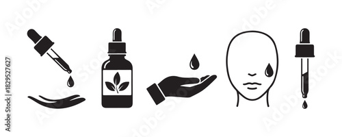 Serum icon set.  Sign for facial oil.  Illustration featuring a dropper and bottle.  Symbol for essential oil.  Pictogram related to face care.