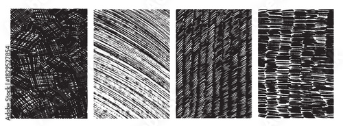 Set of graphic grunge straight, various hatching textures. Lines drawn by hand in different directions. Uneven art brush strokes, drawn with chalk, pencil, or charcoal crosshatch texture background.