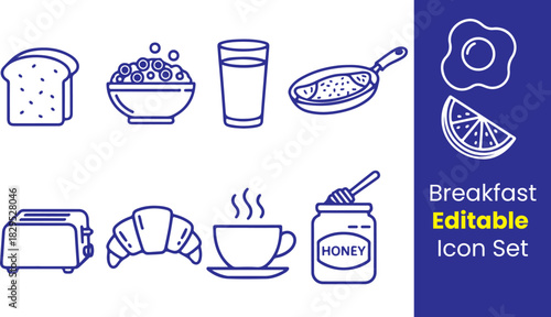 Breakfast line icons, fried egg, bread slice, cereal bowl, milk glass, omelette pan, fruit slice, toaster, coffee cup, honey jar, thin outline, white background