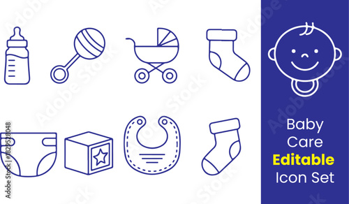 Baby care line icons, milk bottle, pacifier, baby face, diaper, rattle, stroller, bib, tiny sock, toy block, thin outline