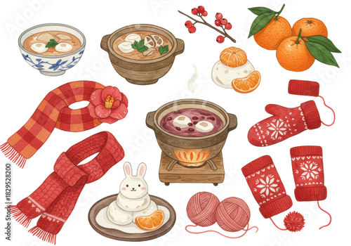 Watercolor set of traditional Japanese winter elements: warm food, cozy decor, and knitwear, on a white background with delicate blue snowflake pattern, concept of Japanese winter comfort.