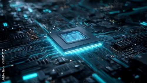 Futuristic Glowing Quantum Processor Chip with Complex Circuit Board Background