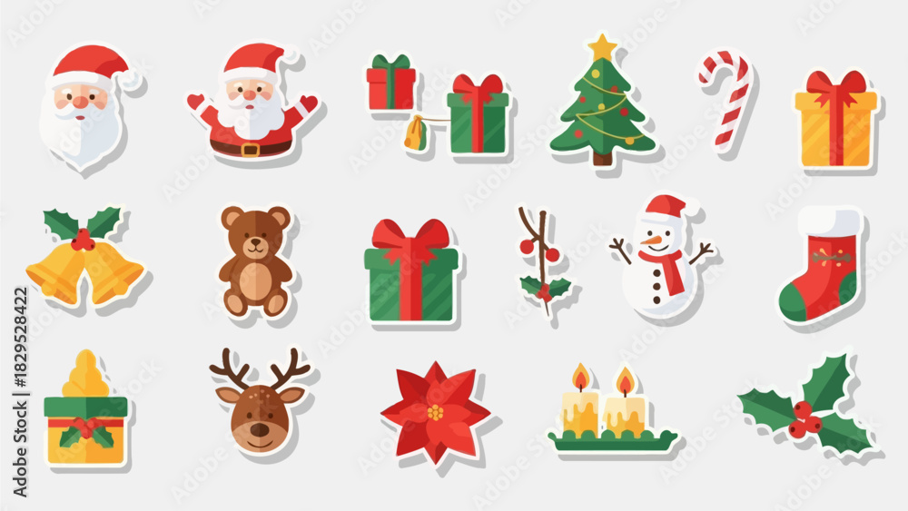 Naklejka premium Cute Christmas Sticker Icon Set in Modern Flat Style