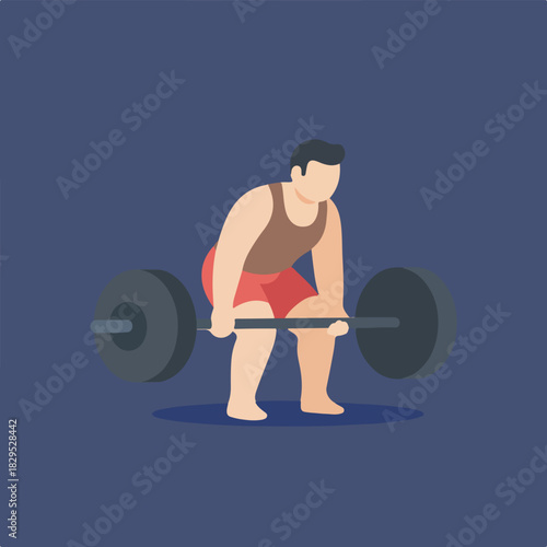 A man in red shorts and a tank top is bending over a barbell, prepared to perform a deadlift, with his legs slightly bent and his back angled forward.