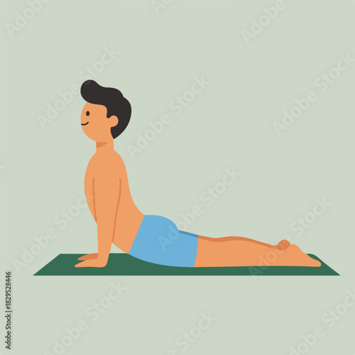 A person with dark hair doing the upward-facing dog yoga pose on a green mat against a light green background, showcasing a simple and healthy lifestyle.
